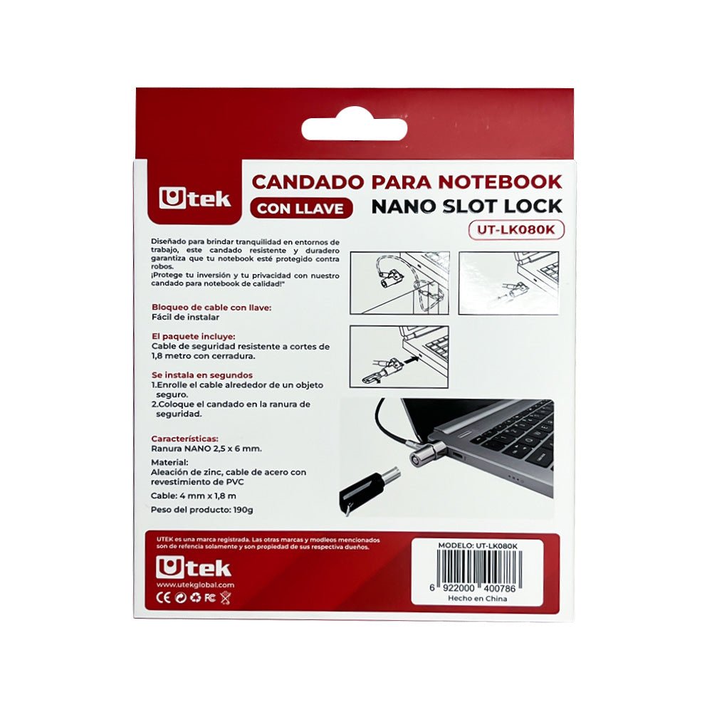 Candado Notebook Slot Nano con Llave 1.8m UT - LK080K