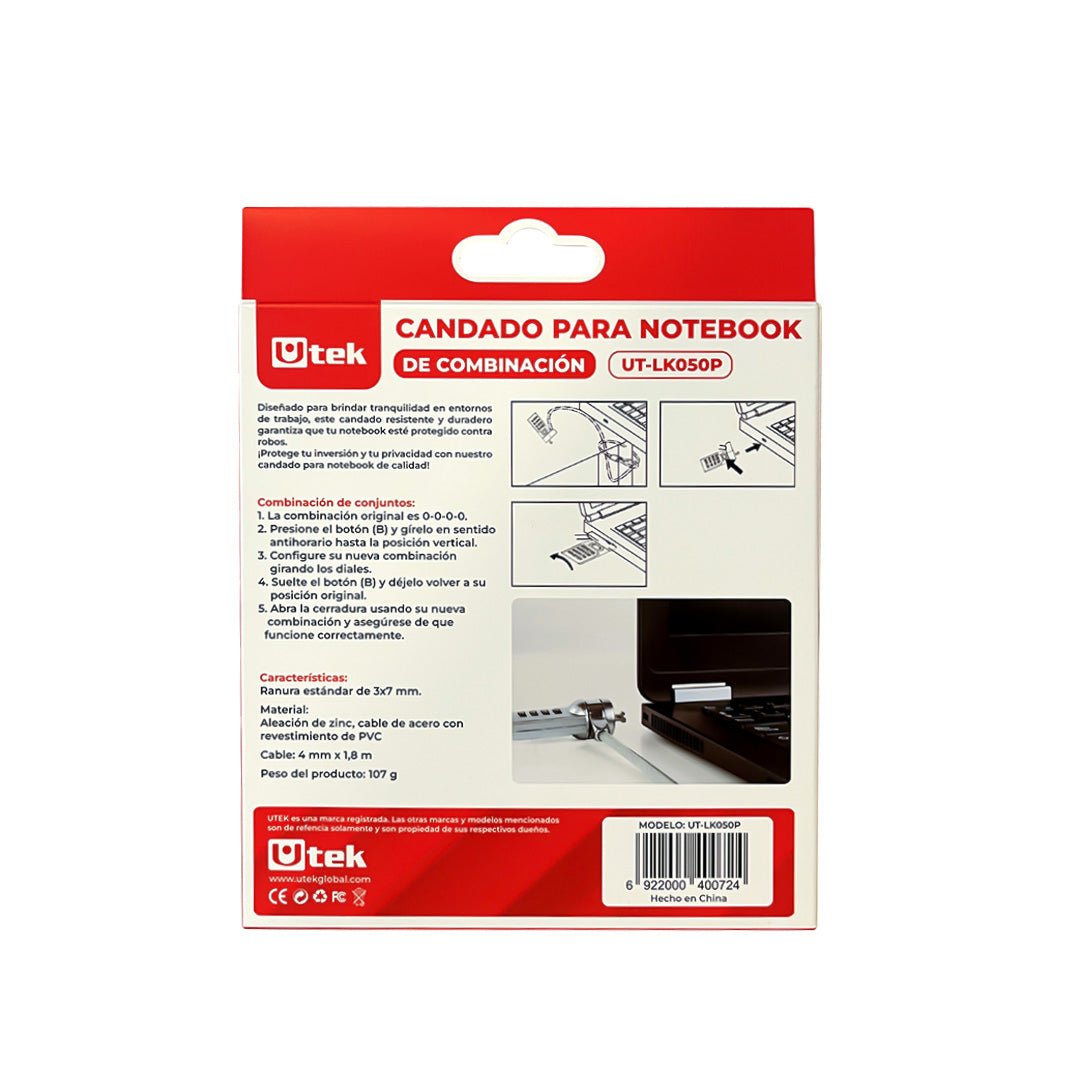 Candado Notebook Slot Universal Clave 4 Dígitos UT - LK050P