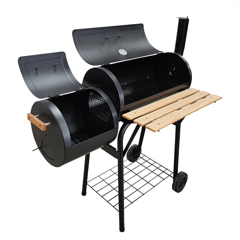 Parrilla Ahumadora Tipo Barril con Repisa y Ruedas