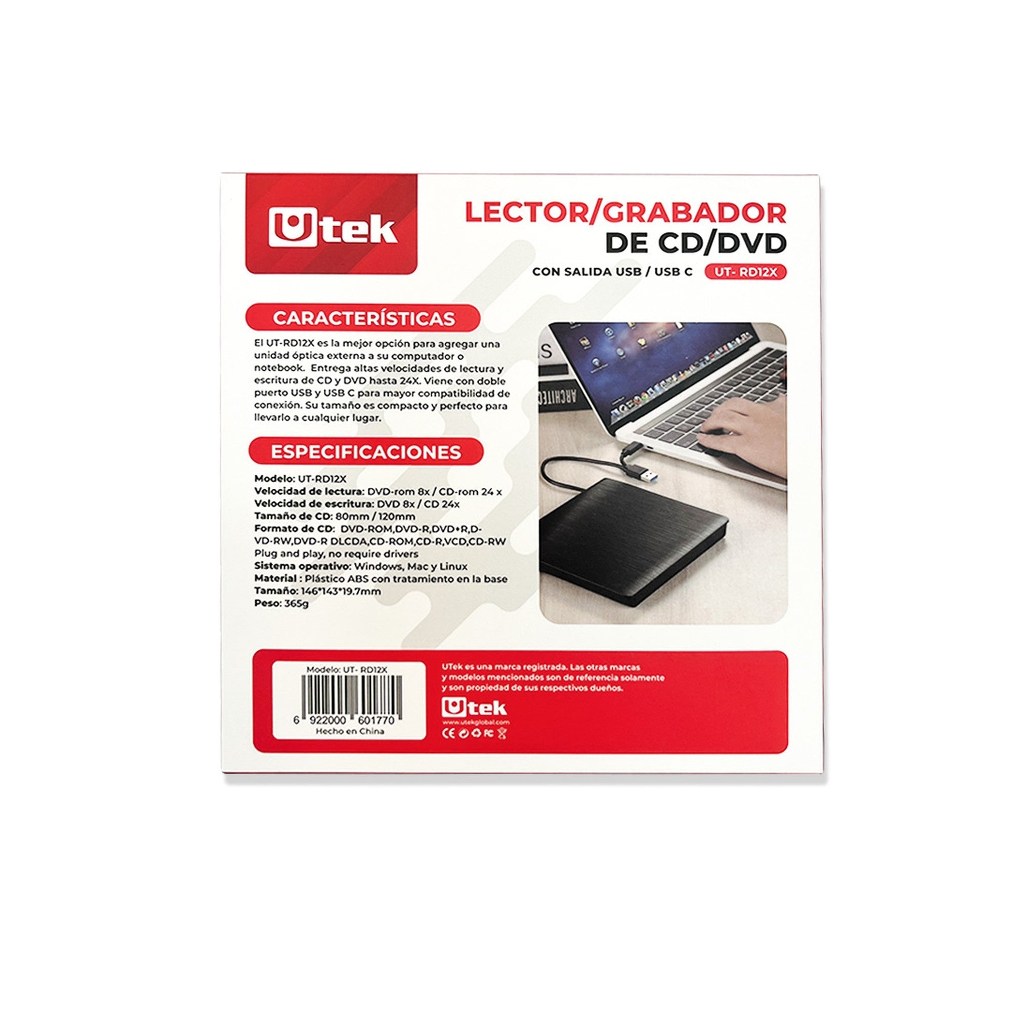 Grabador Externo CD/DVD USB 3.0 y USB - C Unilink UT - RD12XUtekItems Digital Spa – Tecnología, Hogar y Fitness en un solo lugar