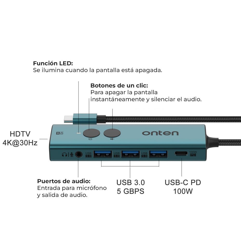 Hub USB C 6 en 1 con Botón de Monitor OTN - UC123+