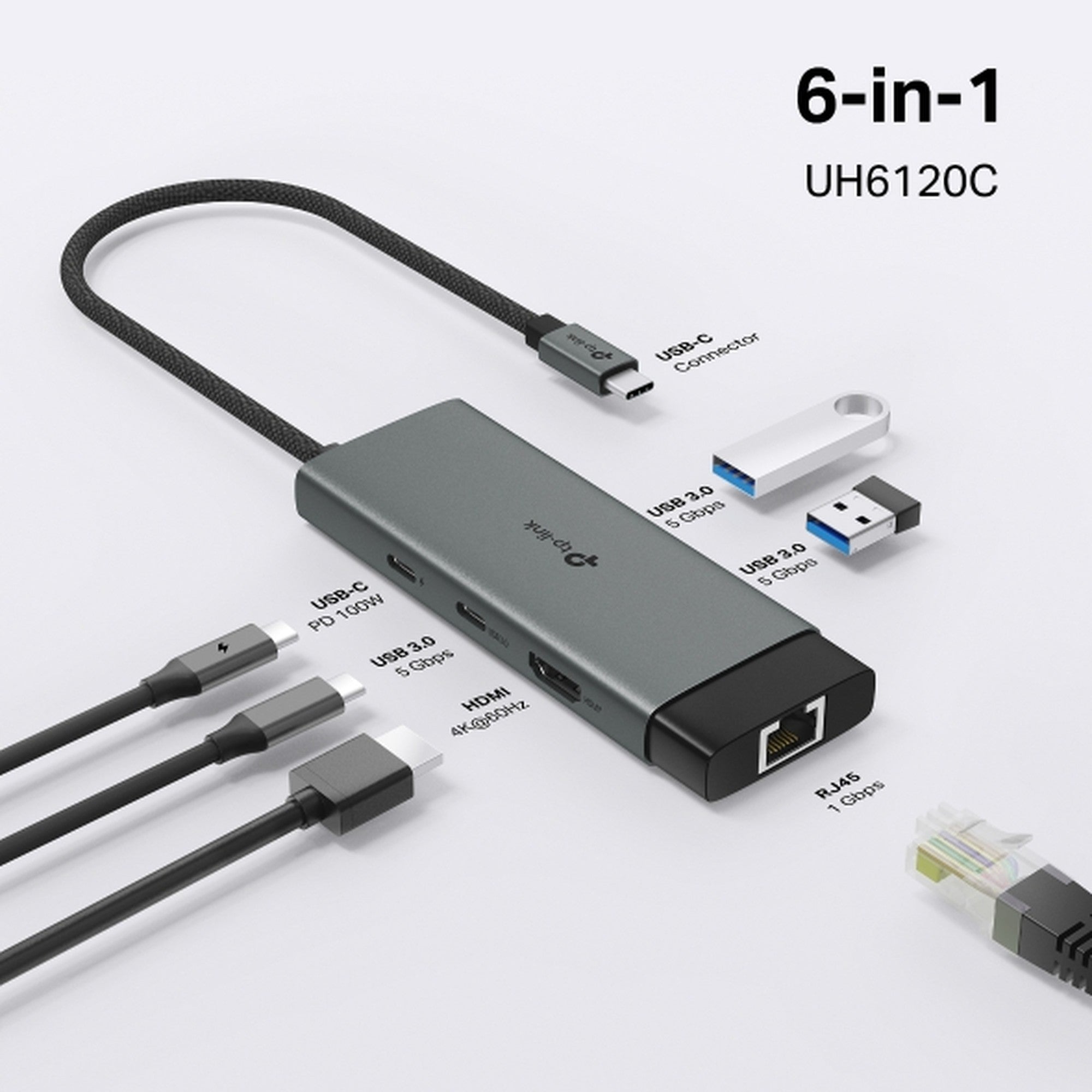 Hub USB-C 6 en 1 UH6120C con HDMI, RJ45 y USB 3.0