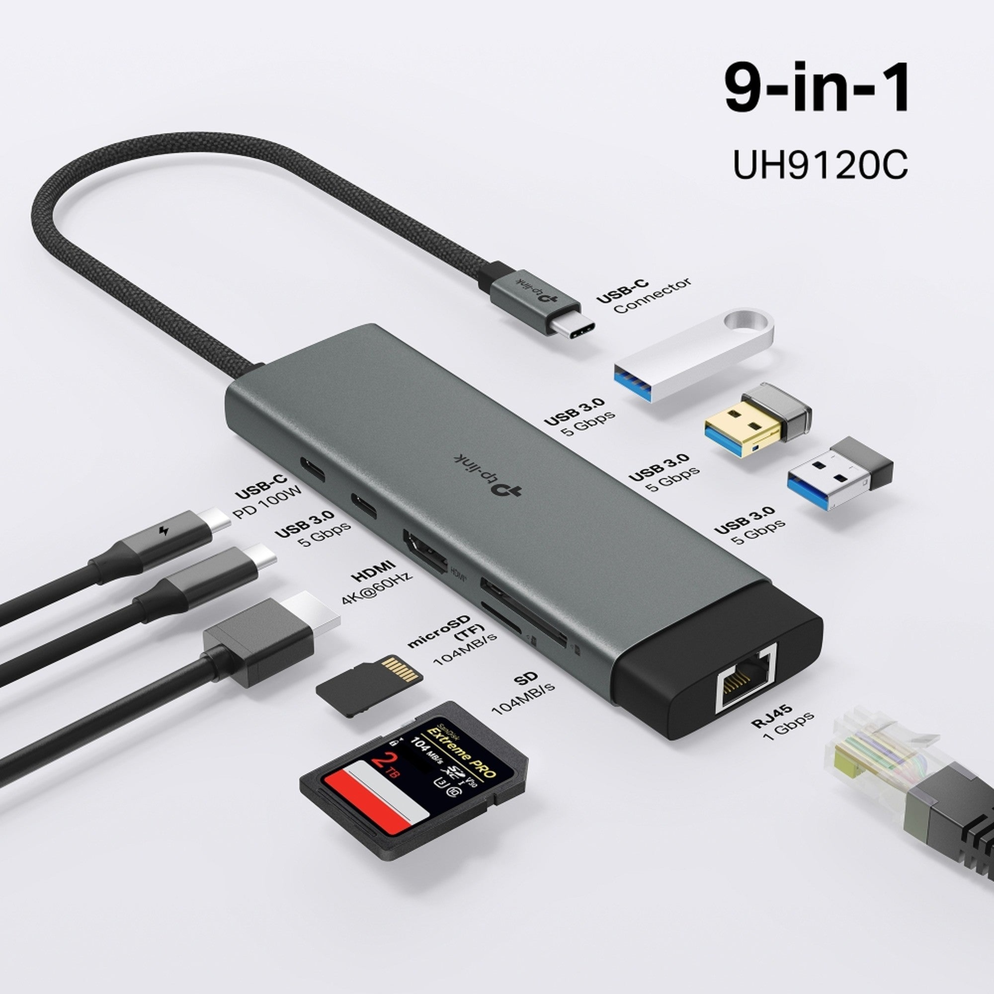 Hub USB - C 9 en 1 UH9120C con HDMI, RJ45 y USB 3.0