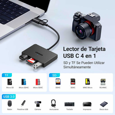 Lector de Memorias Ugreen 4 en 1 USB 3.0 SD MicroSD CF MS