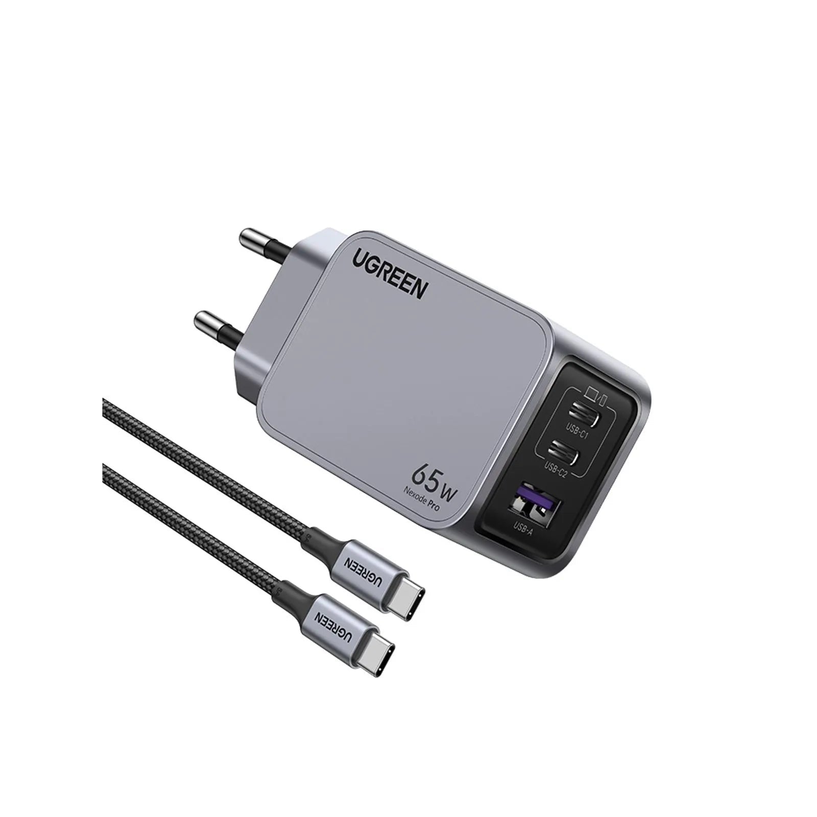Pack Cargador GaN 65W Ugreen Nexode Pro 3 Puertos Cable
