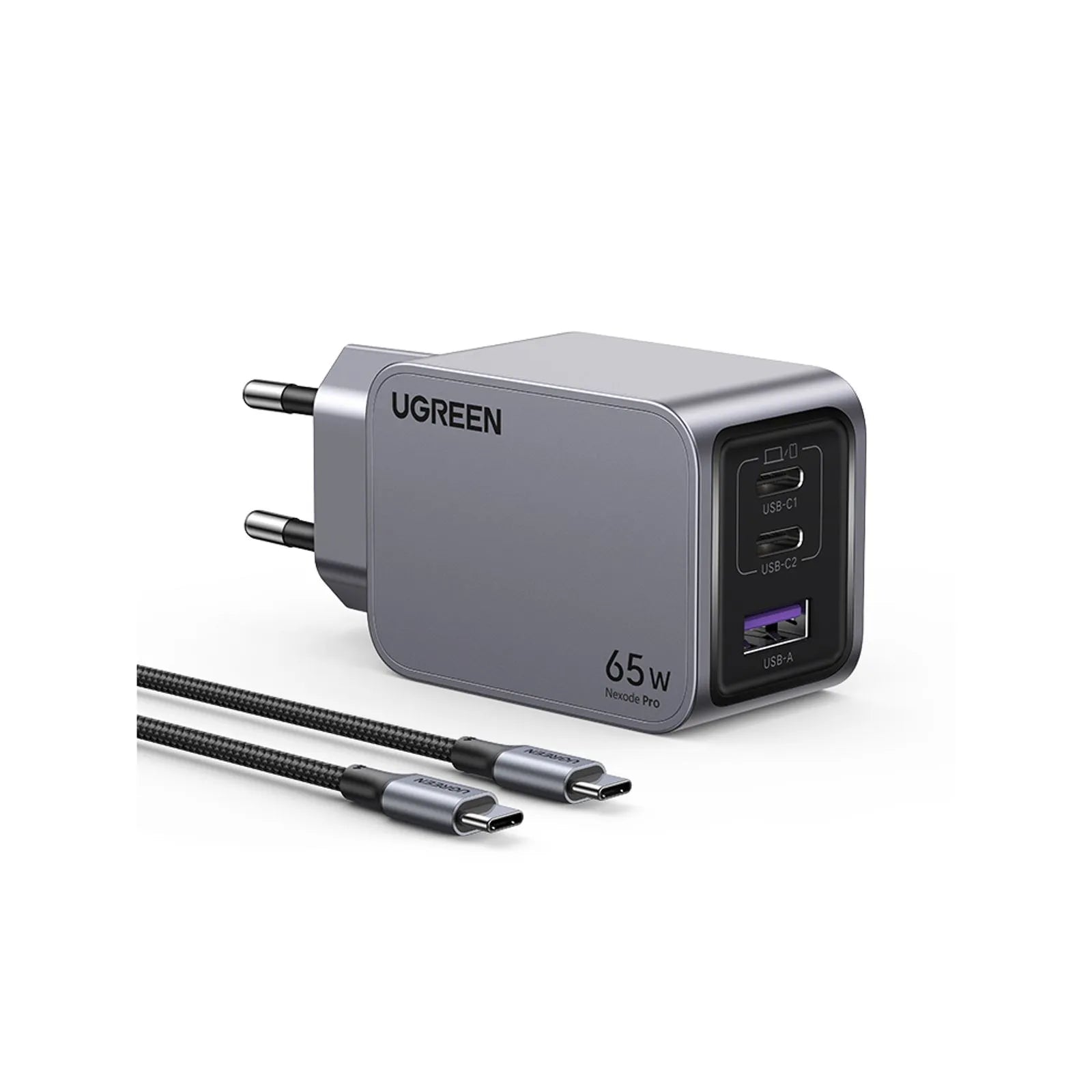 Pack Cargador GaN 65W Ugreen Nexode Pro 3 Puertos Cable
