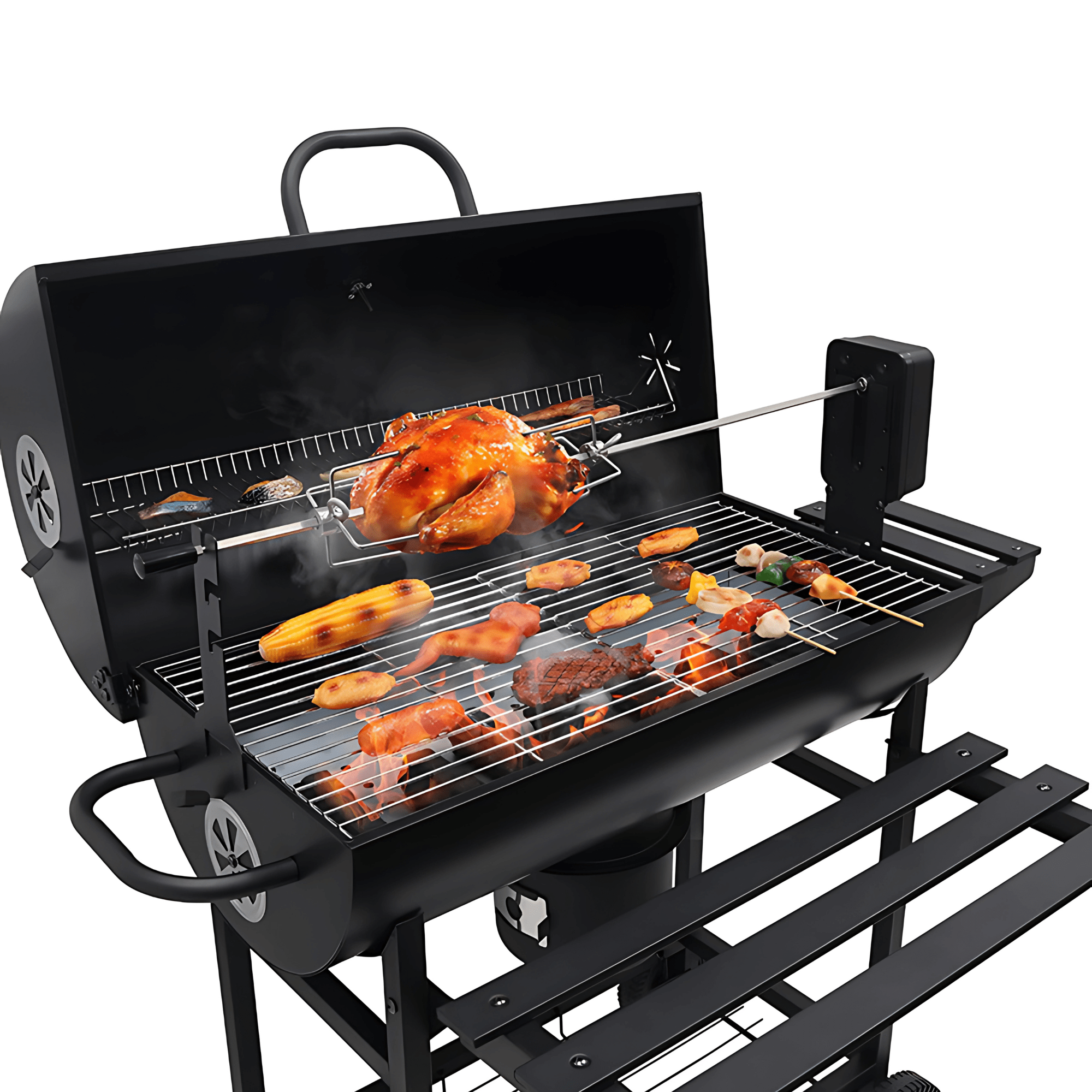 Parrilla Ahumador Barril Carbón con Espiedo y Termómetro