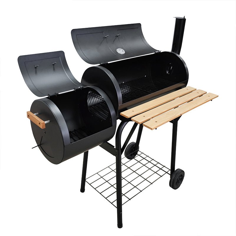 Parrilla Ahumadora Tipo Barril con Repisa y Ruedas