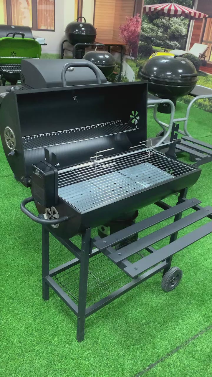Cargar video: Parrilla Ahumador Barril Carbón con Espiedo y Termómetro