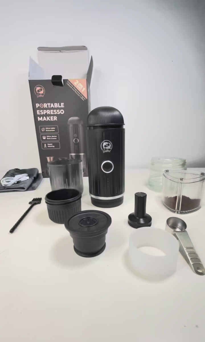 Cargar video: Cafetera portátil para Cápsulas y Café Molido con Calentador de Agua