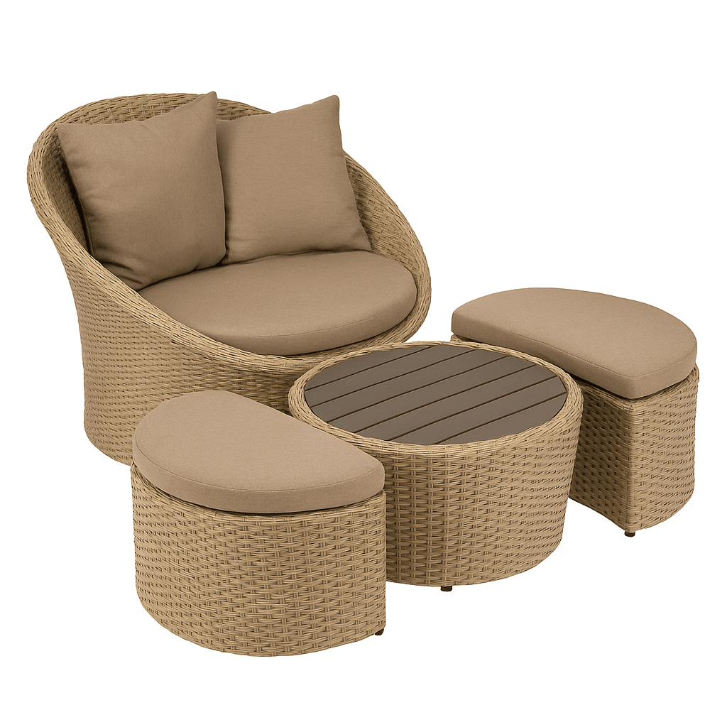 Set 3 piezas ratán sintético café con mesa y sillón