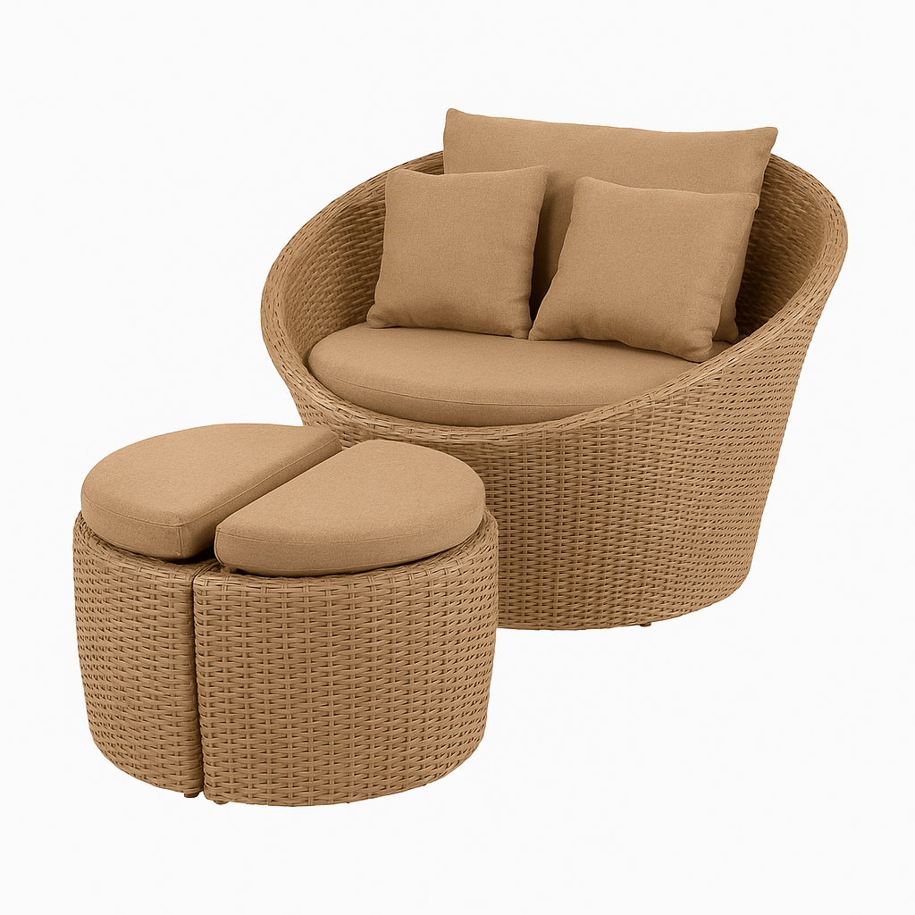 Set 3 piezas ratán sintético café con mesa y sillón