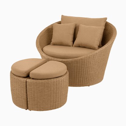 Set 3 piezas ratán sintético café con mesa y sillón