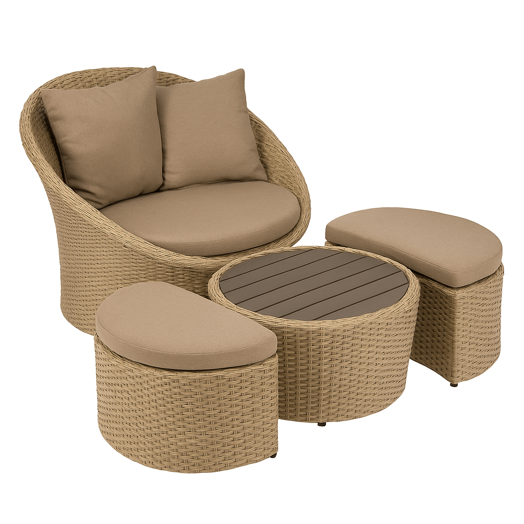 Set 3 piezas ratán sintético café con mesa y sillón