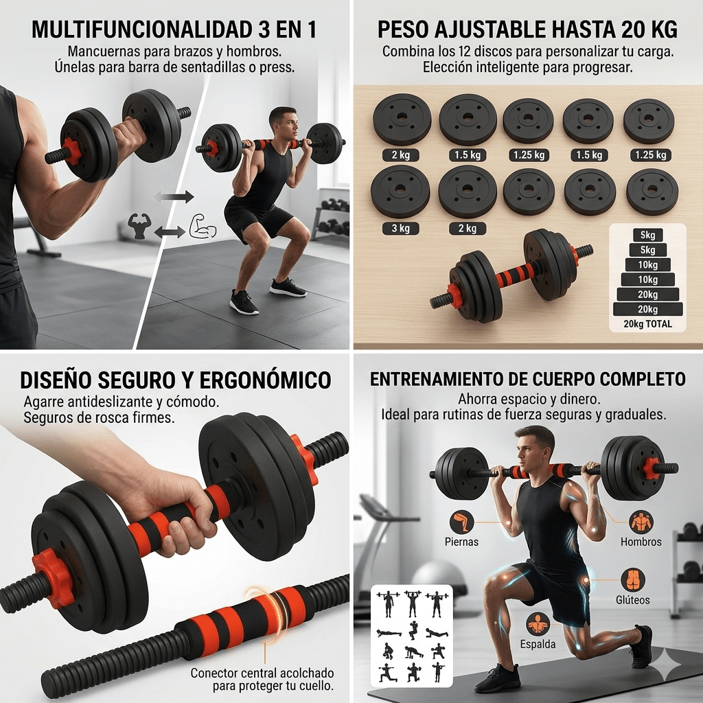 Set de Pesas 20 Kg 3 en 1 Mancuernas Convertibles a Barra