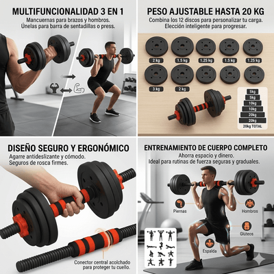 Set de Pesas 20 Kg 3 en 1 Mancuernas Convertibles a Barra