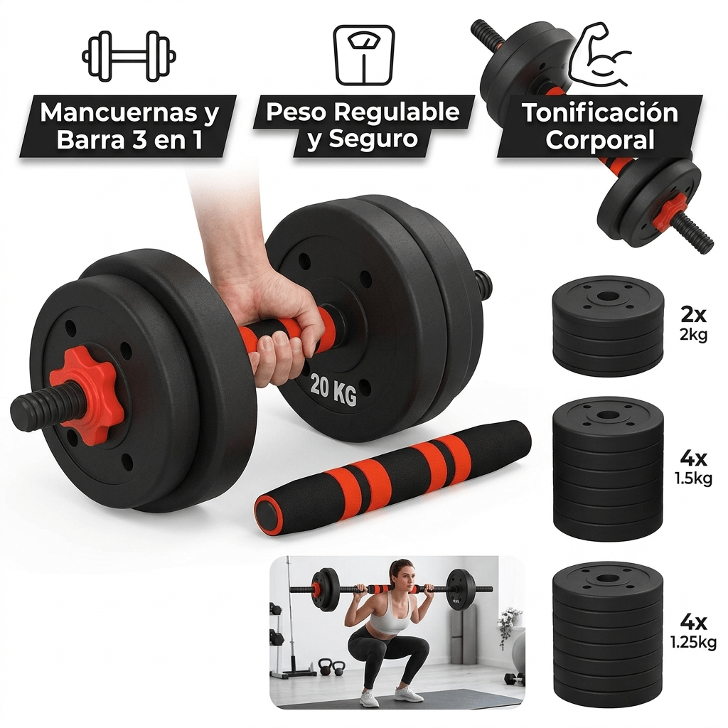 Set de Pesas 20 Kg 3 en 1 Mancuernas Convertibles a Barra