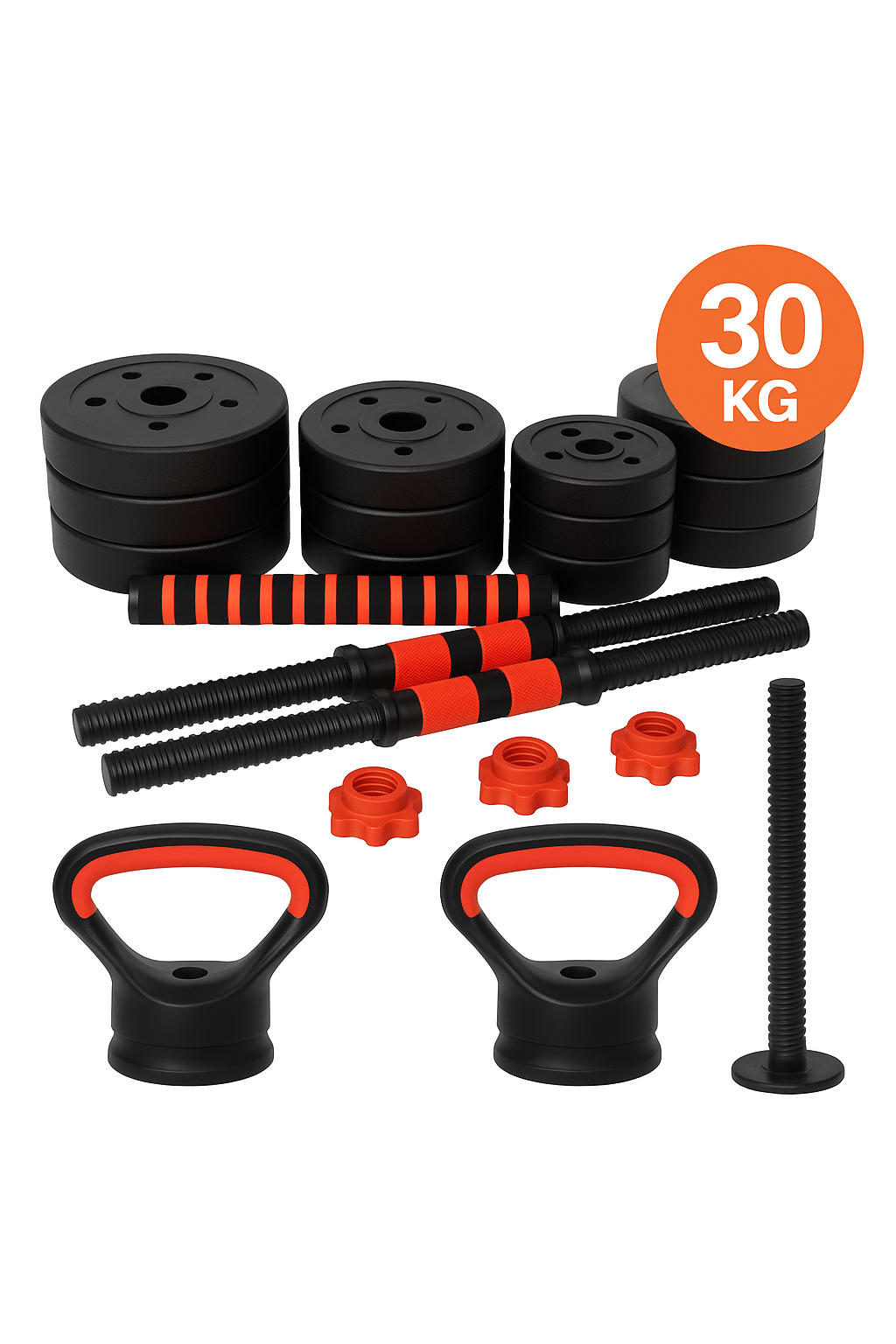 Set de Pesas 30 Kg 4 en 1 Mancuernas Barra y Kettlebell