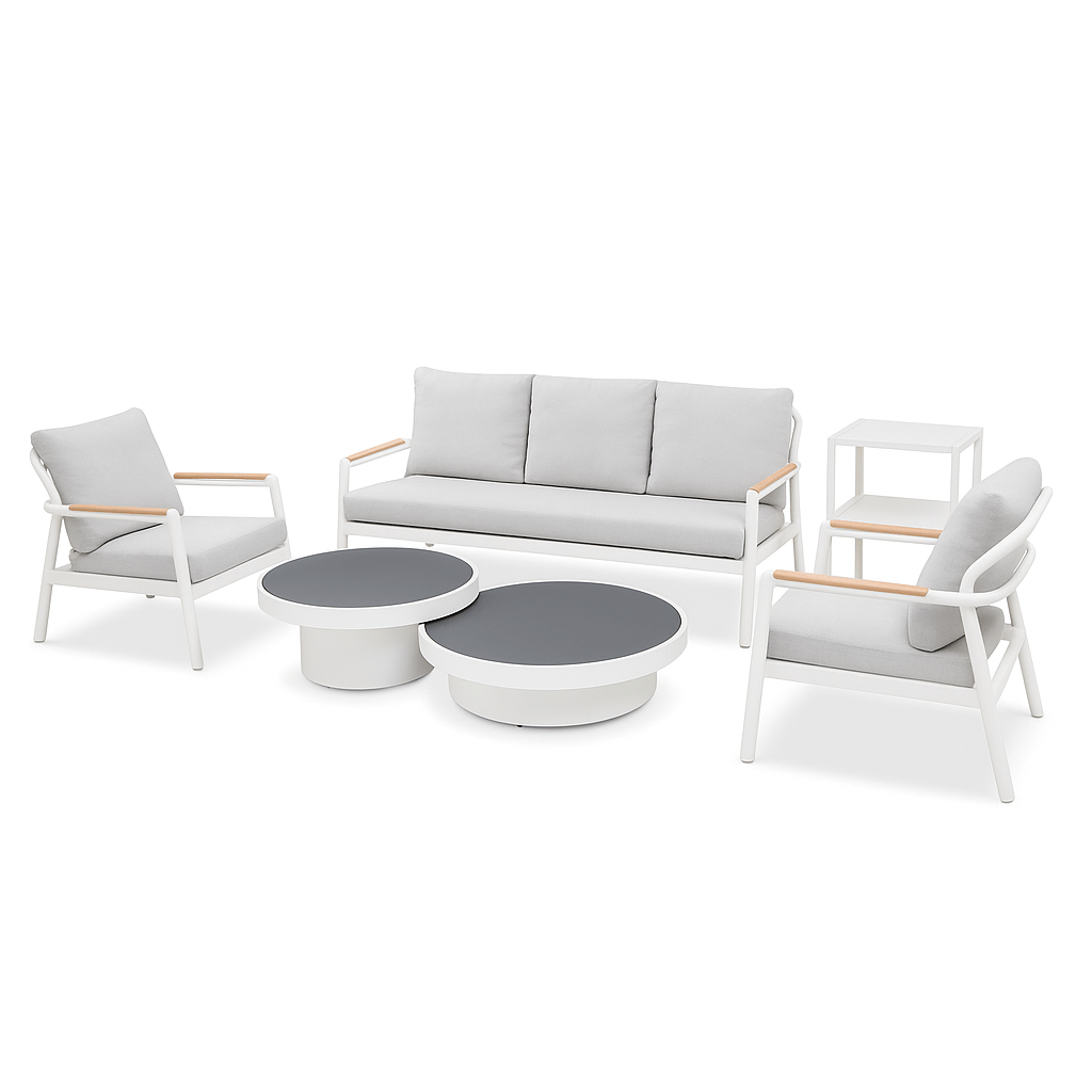 Set Living Exterior 6 Pzs Aluminio Gris Cojines Mesas Doble