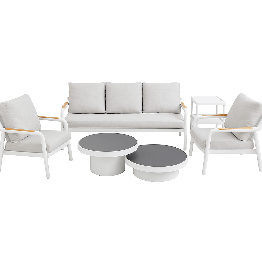 Set Living Exterior 6 Pzs Aluminio Gris Cojines Mesas Doble