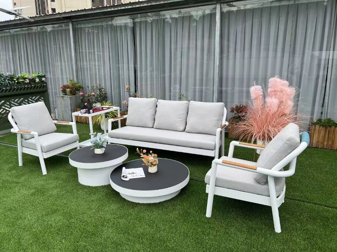 Set Living Exterior 6 Pzs Aluminio Gris Cojines Mesas Doble