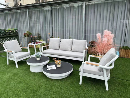 Set Living Exterior 6 Pzs Aluminio Gris Cojines Mesas Doble