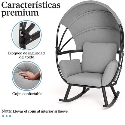 Silla Mecedora relax individual para terraza con cojines grises