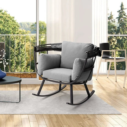 Silla Mecedora relax individual para terraza con cojines grises