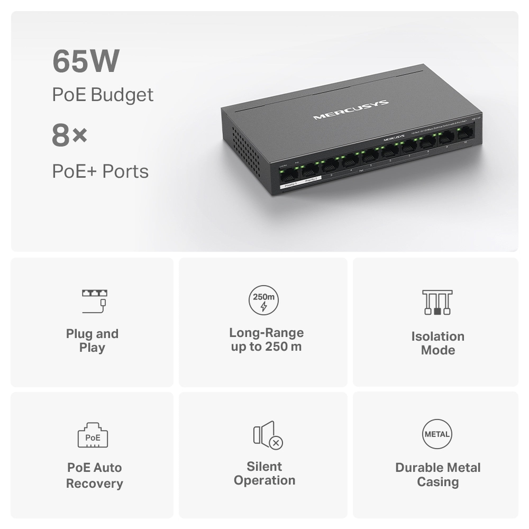 Switch 10 Puertos 8 PoE+ 65W MS110P 100 Mbps