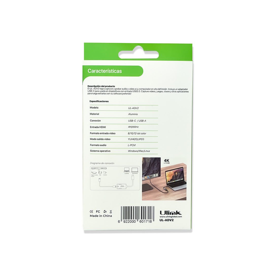 Tarjeta capturadora de video HDMI 4K a USB C USB3.0 UL - ADV